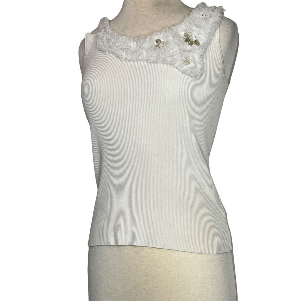 RUBY RD. Women's Small Tank White Feather and Sequin around Collar
